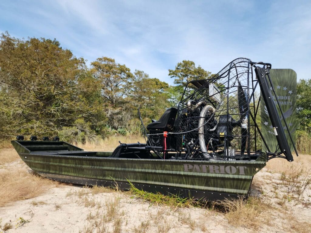 Camo Patriot airboat showing the engine, prop, cage and rudders