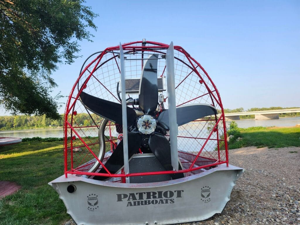 Back view of an airboat engine and propeller in the Patriot shop