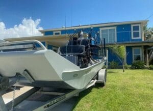 2005 Panther airboat bow on its trailer