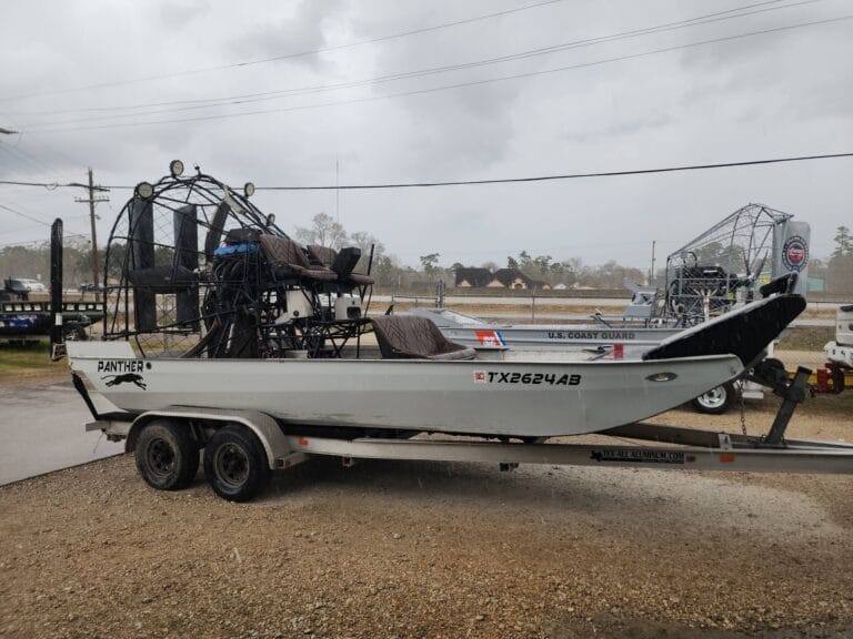 Used airboat on its trailer on the Patriot lot in Vidor, Texas
