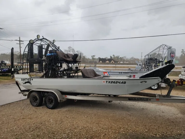 Used airboat on its trailer on the Patriot lot in Vidor, Texas