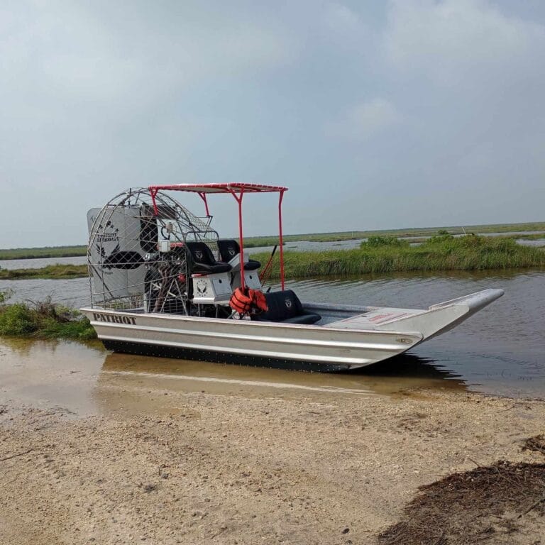 A silver Patriot with a red cage on the beach