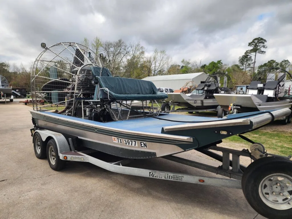 2019 Diamondback airboat on its tandem trailer, front quarter view
