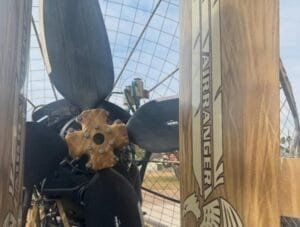 Propeller hub and blades on a 2019 AirRanger airboat, with the AirRanger rudder logo