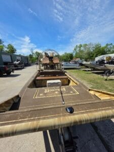 Front deck of a 2019 AirRanger airboat, looking aft from the bow
