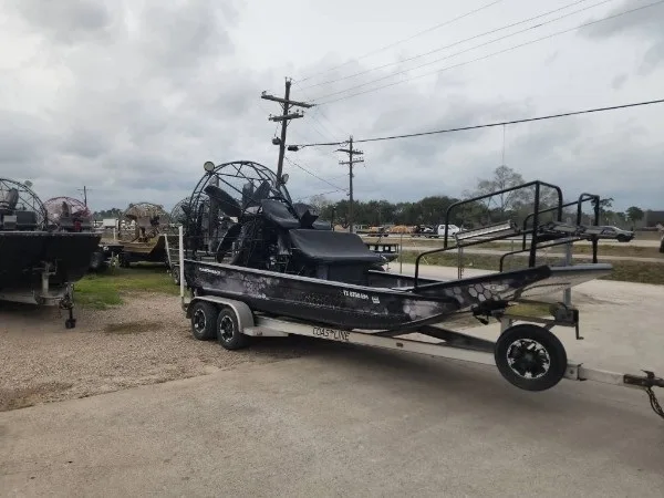2008 Diamondback airboat on its trailer, front quarter view
