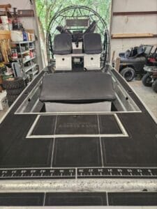 EVA foam front deck with a fish ruler, bench and raised seats on a 2023 Patriot airboat