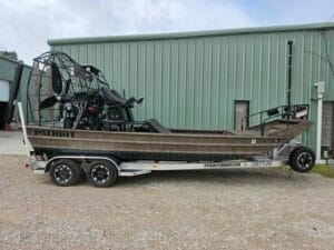 2024 Patriot 20x8 airboat on a Coastline tandem trailer, side view