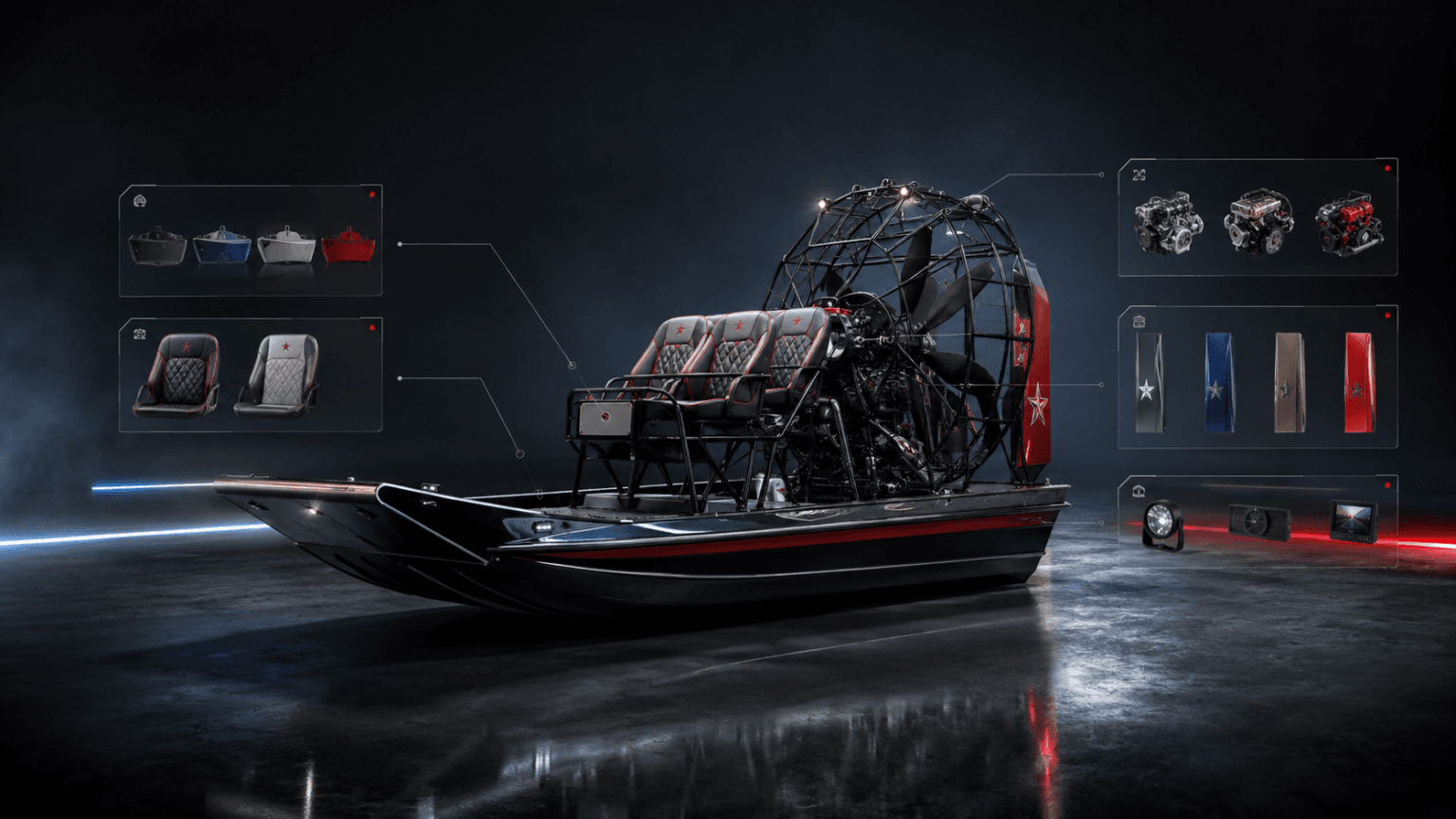 A Patriot airboat in the 3D builder with seat, color, engine and light options around it