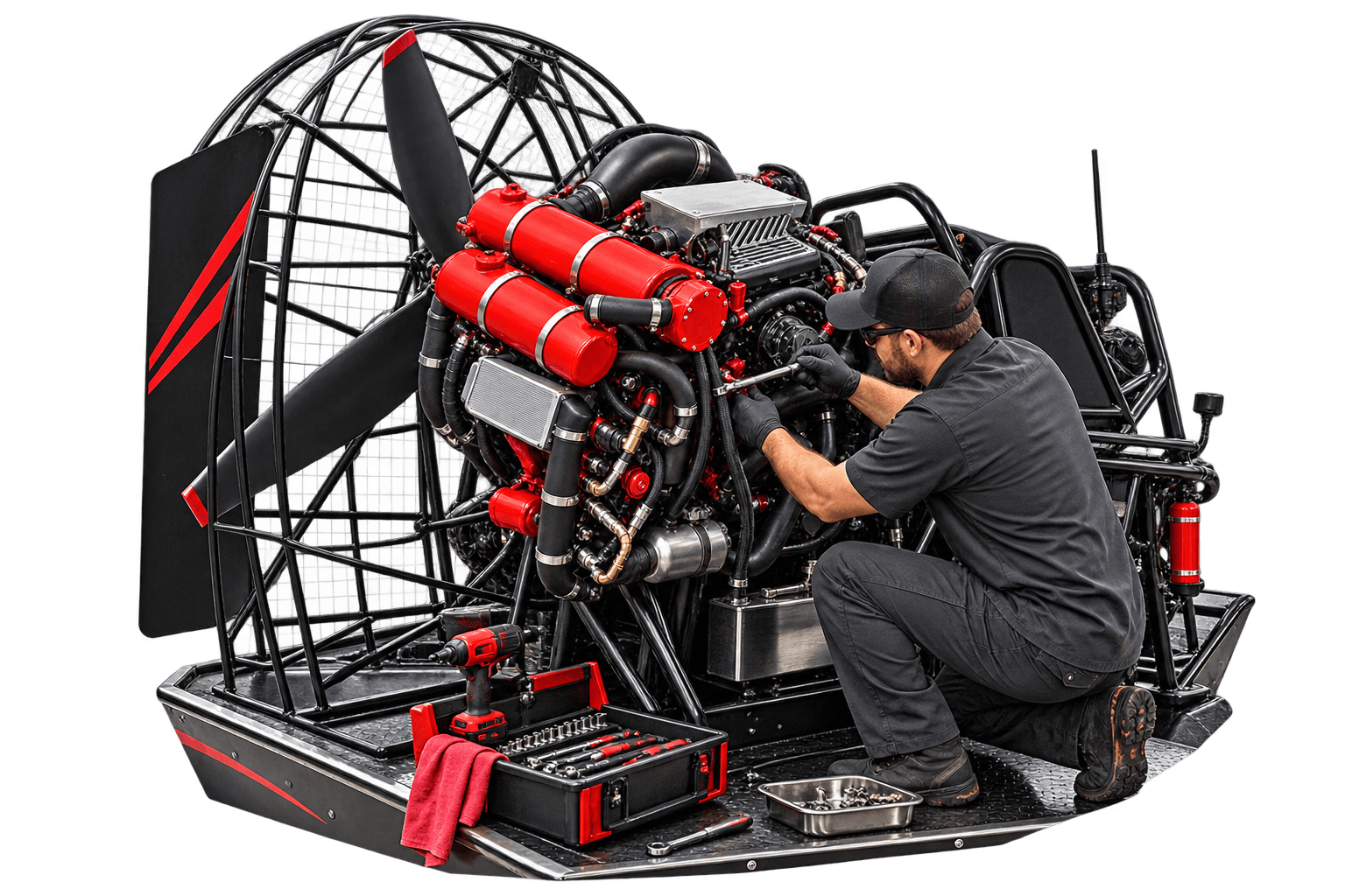 Patriot crew member working on an LT4 airboat engine in the Vidor shop