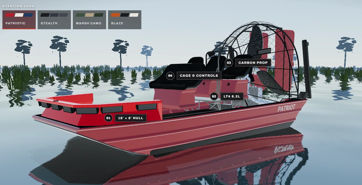 The Patriot 3D airboat builder: a red 18 by 8 foot hull with an LT4 engine and carbon prop, on the water
