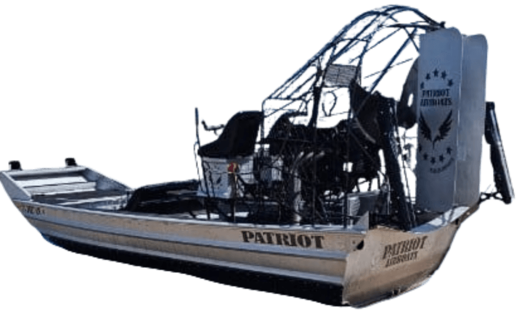 Rear three-quarter view of a Patriot airboat with numbered maintenance points on the engine, prop hub, cage, rudders, stick and transom